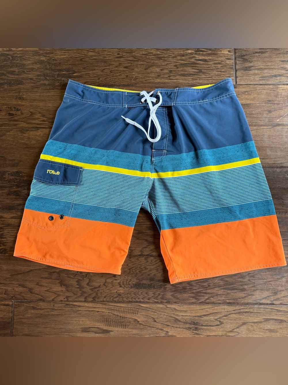Nonwe Men’s Navy Teal Yellow Orange Colorblock swim Board Shorts size 38